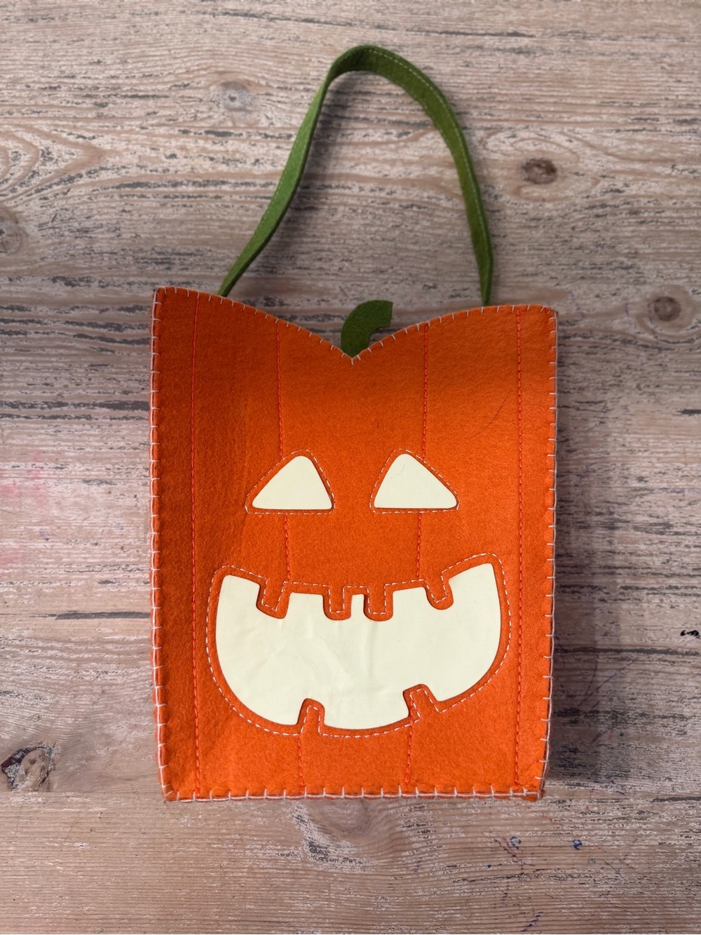 Pottery Barn Kids Orange Felt Jack-O'-Lantern Treat Bag with Green Handle
